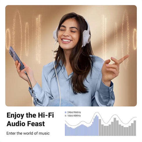 Ugreen - Audio Cable Adapter AV161 (80154) - Type-C to Jack 3.5mm, Aluminum Shell, Analog & Digital, 24bit/96KHz, 10cm - Gray