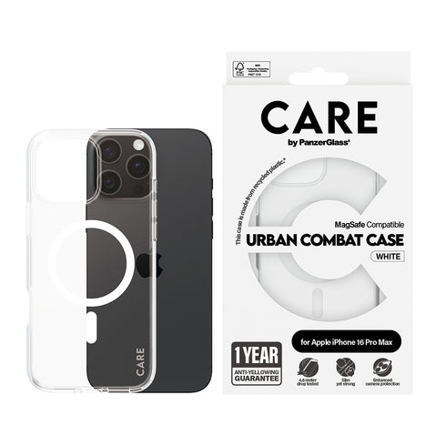 Husă PanzerGlass® - CARE Flagship Urban Combat White MagSafe - iPhone 16 - Clear