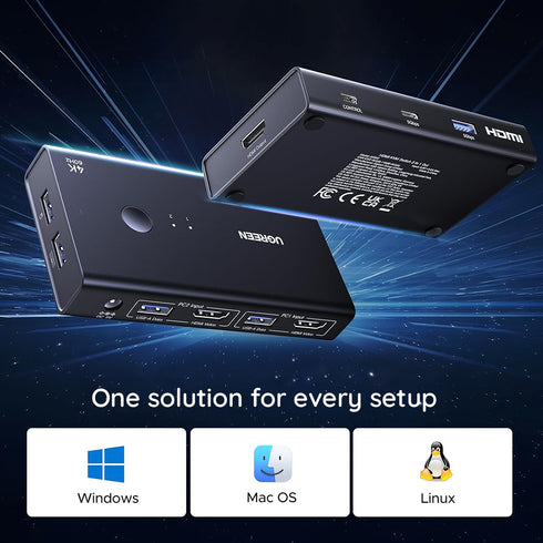 Ugreen - KVM Switch AK502 (45452) - 3x HDMI, 5x USB, 1x Type-C, 4K@60Hz, RGB Video, LPCM/Dolby Audio, Remote Control - Black