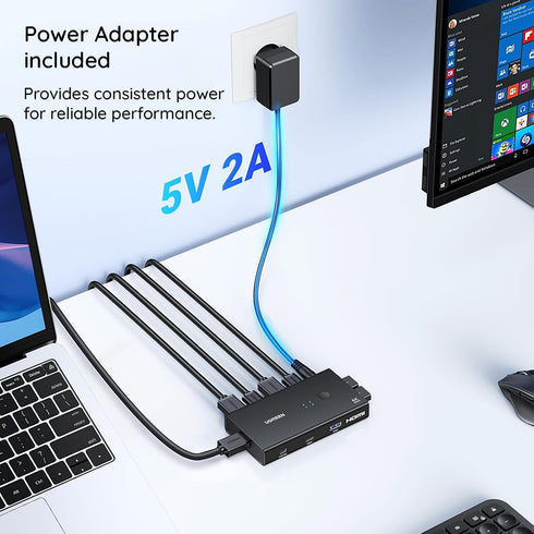 Ugreen - KVM Switch AK502 (45452) - 3x HDMI, 5x USB, 1x Type-C, 4K@60Hz, RGB Video, LPCM/Dolby Audio, Remote Control - Black