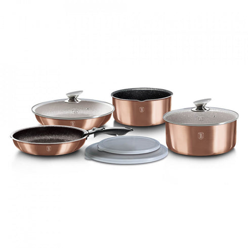 Set oale si tigai marmorate cu maner detasabil (9 piese) din aluminiu forjat Rose Gold (Cupru) Metallic Line Berlinger Haus BH 6147