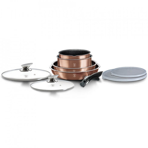 Set oale si tigai marmorate cu maner detasabil (9 piese) din aluminiu forjat Rose Gold (Cupru) Metallic Line Berlinger Haus BH 6147