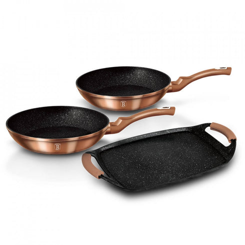 Set placa grill si 2 tigai marmorate (3 straturi) Rose Gold (Cupru) Metalic Line Berlinger Haus BH 1669