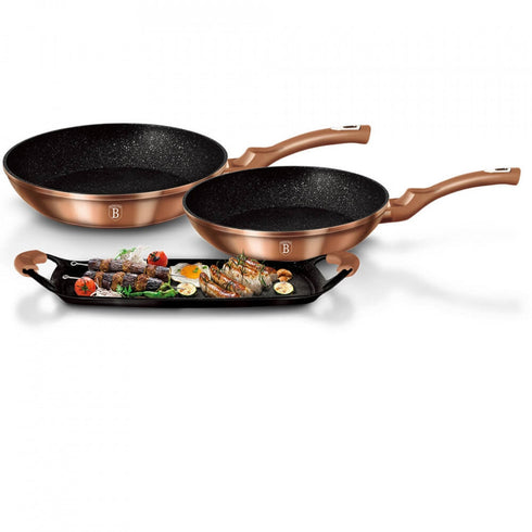 Set placa grill si 2 tigai marmorate (3 straturi) Rose Gold (Cupru) Metalic Line Berlinger Haus BH 1669